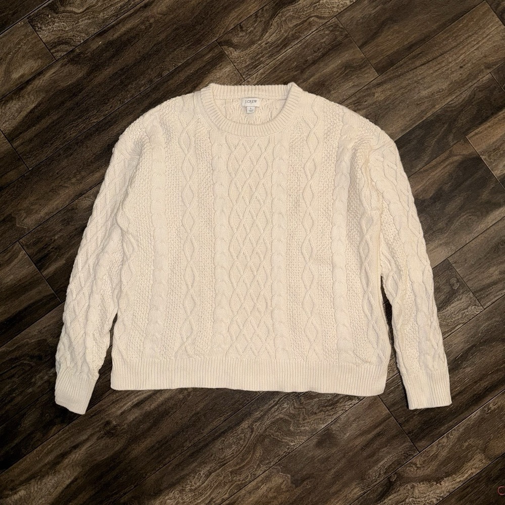 J.Crew Men's Large Cable-Knit Crewneck Pullover Sweater Long Sleeve Cream Knit